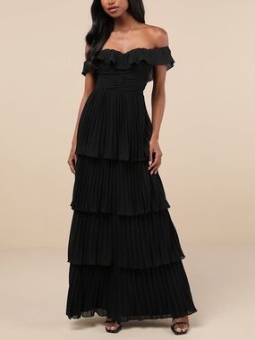 NWT Lulus Always Remarkable Black Pleated Off-the-Shoulder Maxi Dress